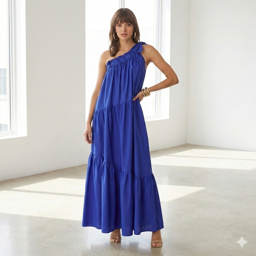 Xirena "Maisie" Cobalt Blue Cotton Poplin One-Shoulder Tiered Maxi Dress - Small